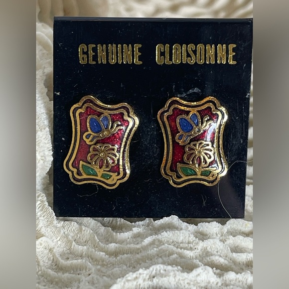 Vintage Red Cloisonne Butterfly Floral Stud Earrings - Picture 4 of 6